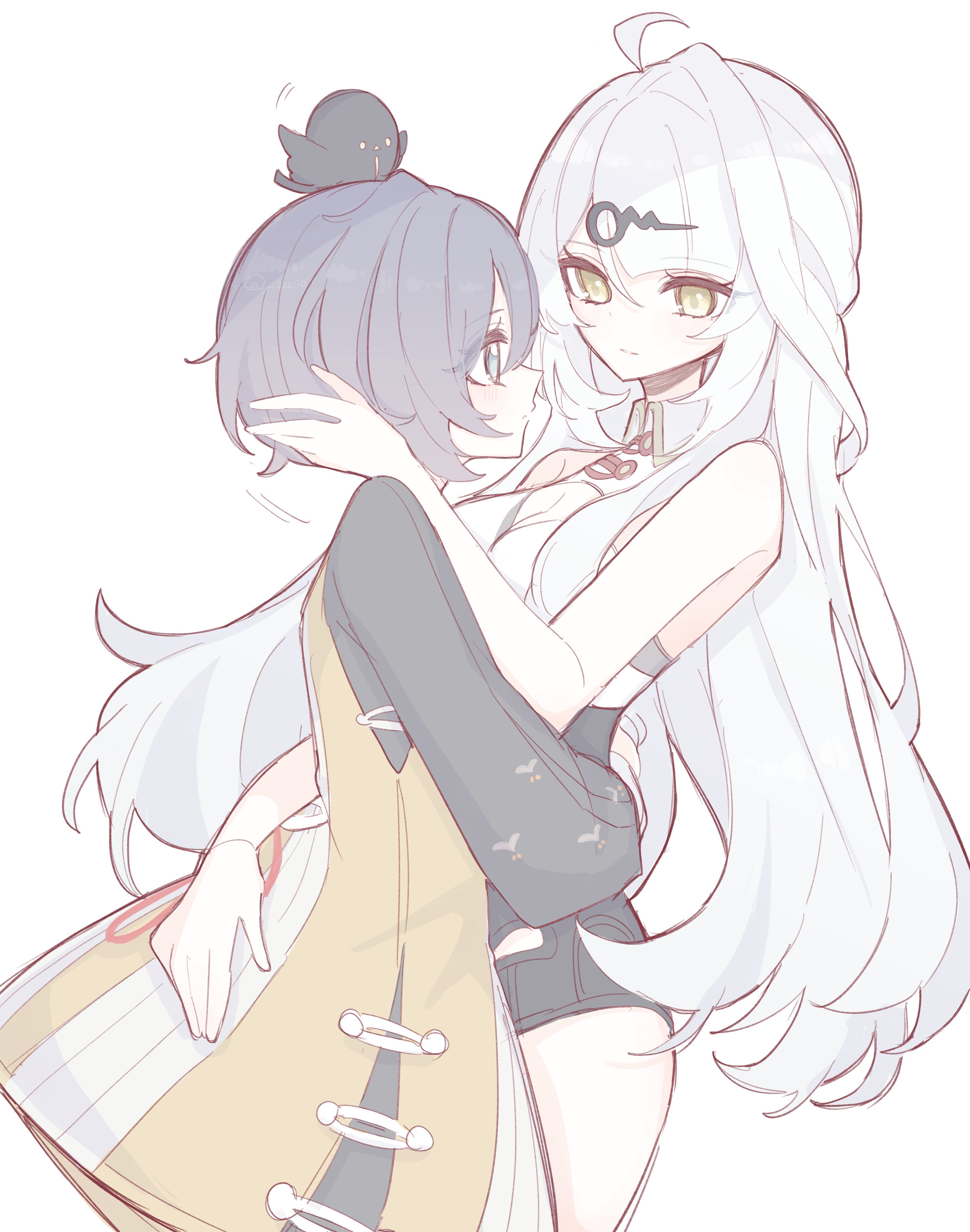 zzzii0, belle (delicate sunlight) (zenless zone zero), belle (zenless zone zero), yixuan (zenless zone zero), zenless zone zero, absurdres, highres, 2girls, ahoge, animal, animal on head, bare shoulders, bird, bird on head, green eyes, hair ornament, hairclip, long hair, multiple girls, official alternate costume, on head, short hair, very long hair, white background, white hair, yellow eyes, yuri