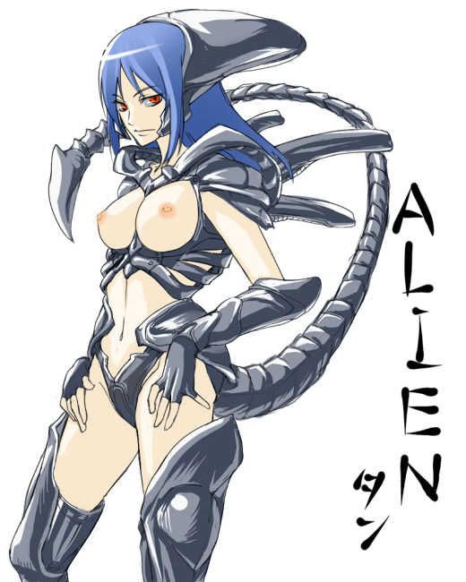 edo tatsuki, xenomorph, alien (1979), alien (series), 1girl, alien, blue hair, breastless clothes, breasts, cosplay, costume, female focus, large breasts, long hair, looking at viewer, nipples, personification, red eyes, serious, solo, tail, thighhighs