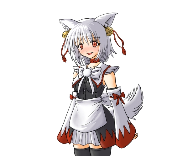 arashi takashi, chien zero, inubashiri momiji, touhou, 1girl, animal ears, bell, detached sleeves, female focus, red eyes, short hair, solo, tail, thighhighs, white hair, wolf ears, wolf tail, zettai ryouiki