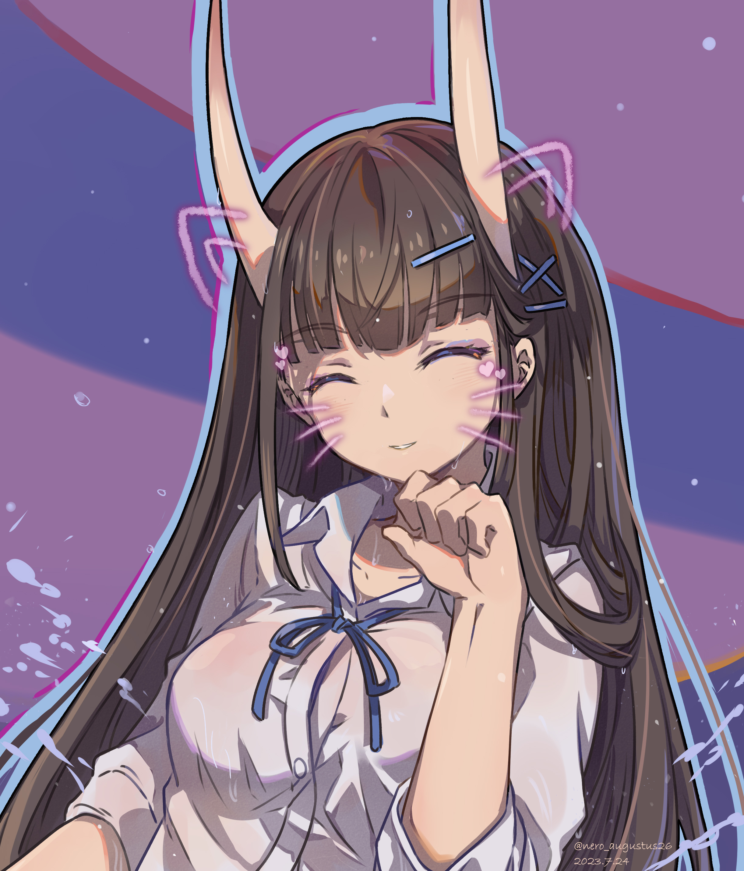 nero augustus, noshiro (azur lane), azur lane, absurdres, commentary request, commission, highres, variant set, 1girl, artist name, brown hair, closed eyes, collared shirt, dated, hair ornament, horns, long hair, paw pose, shirt, solo, white shirt, x hair ornament