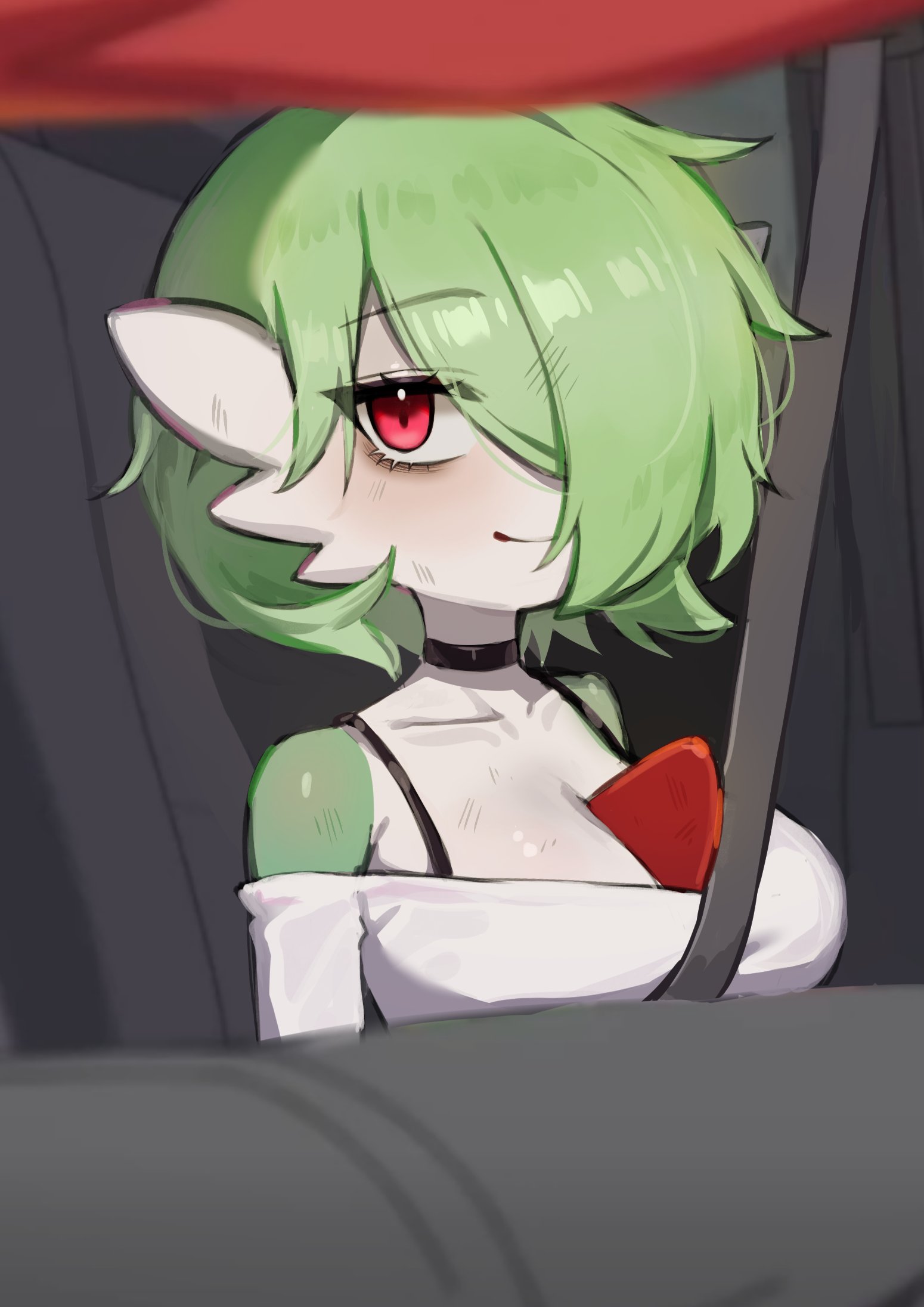 iffyru, gardevoir, nintendo, pokemon, highres, 1girl, black choker, bob cut, bra strap, breasts, car interior, choker, closed mouth, colored skin, eyeshadow, fins, gen 3 pokemon, green hair, green skin, hair over one eye, head fins, large breasts, looking at viewer, makeup, messy hair, multicolored skin, one eye covered, red eyes, seatbelt, smile, solo, two-tone skin, white skin