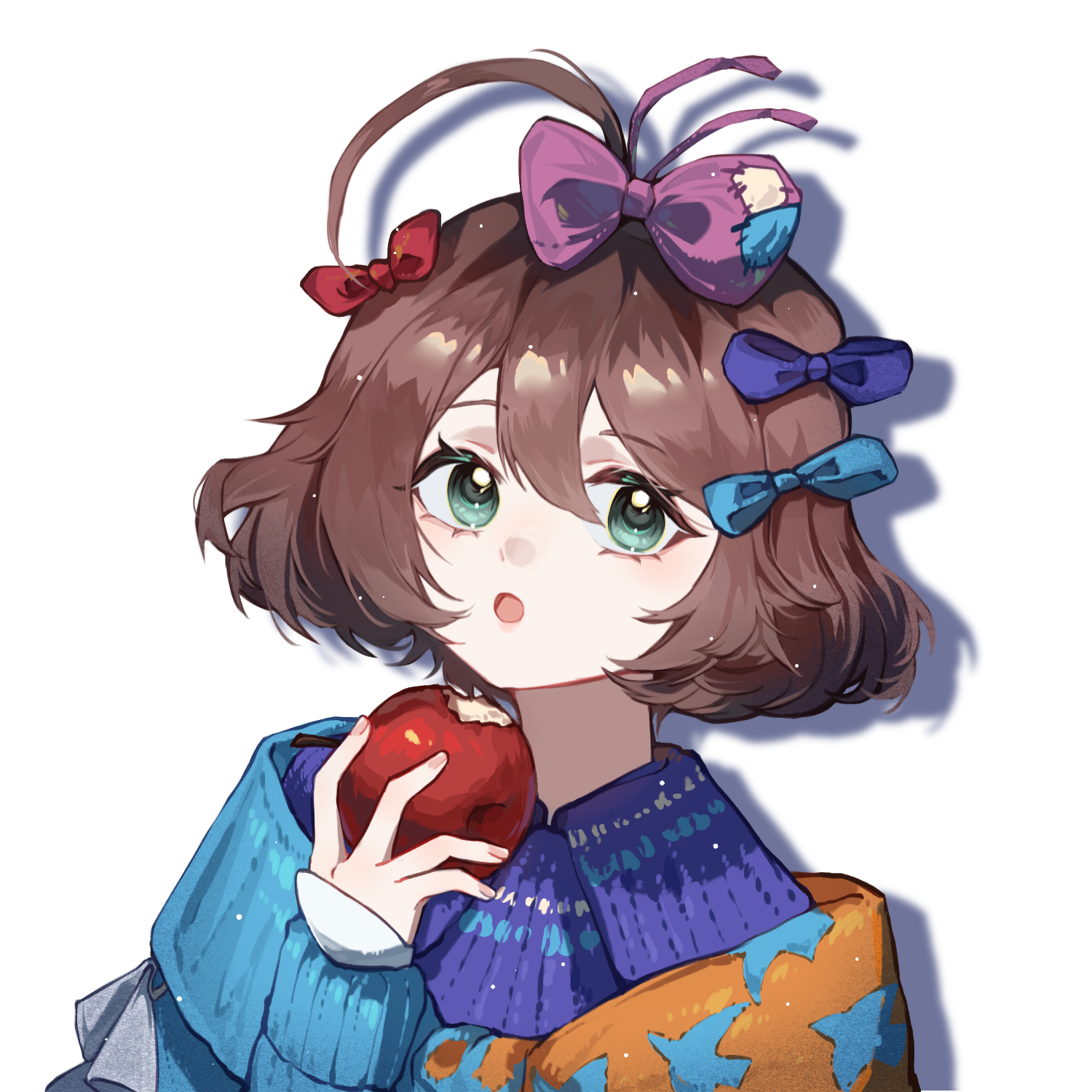 chilizi, flutterpage, reverse:1999, highres, 1girl, :o, ahoge, apple, bitten apple, blue bow, blue dress, blue eyes, blue scarf, bow, brown hair, collared dress, dress, food, food bite, fruit, hair bow, hand up, holding, holding food, holding fruit, looking at viewer, multiple hair bows, orange scarf, scarf, shadow, short hair, solo, two-tone scarf, upper body, white background