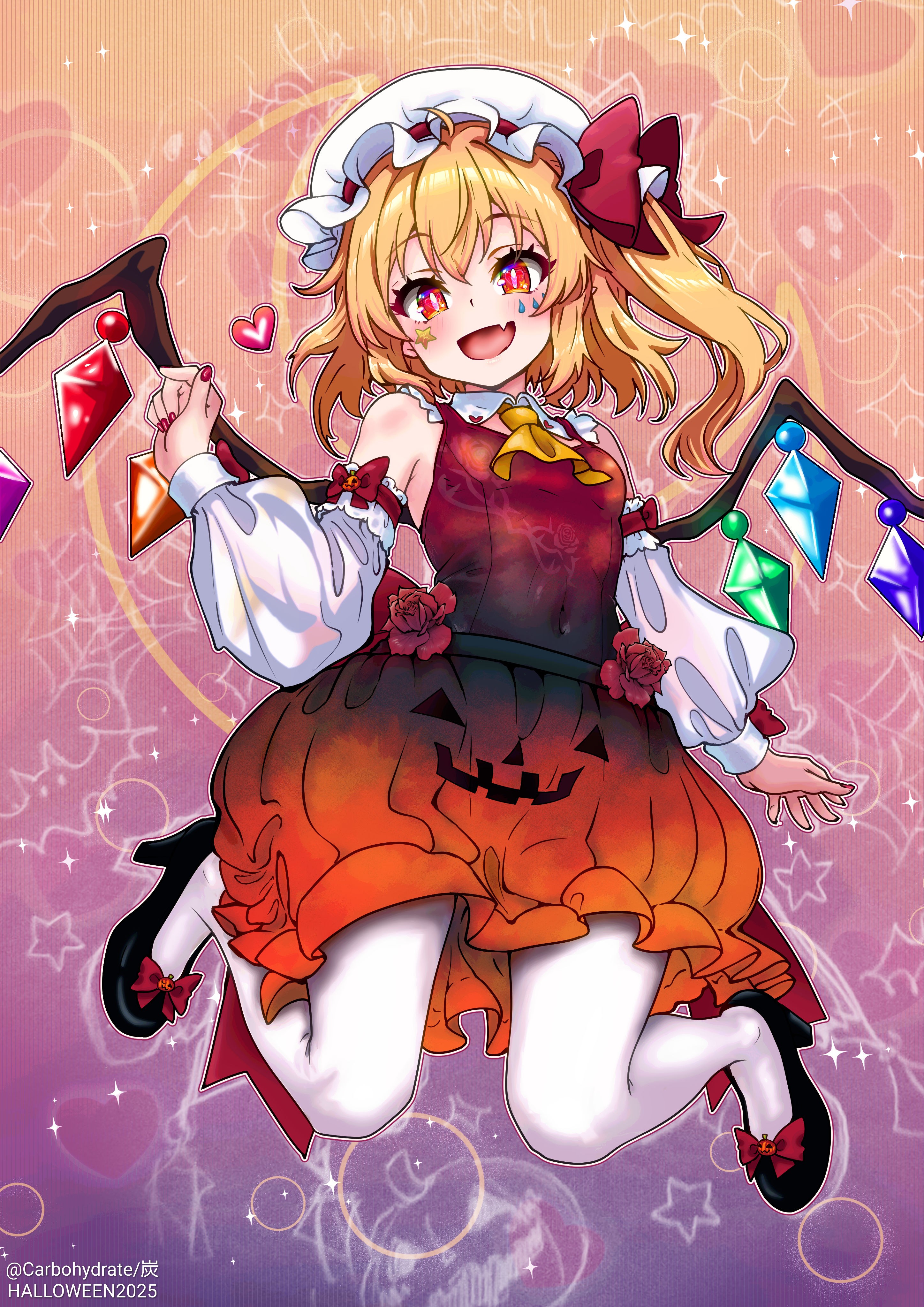carbohydrate (asta4282), flandre scarlet, touhou, absurdres, highres, 1girl, blonde hair, crystal wings, detached sleeves, fang, hat, looking at viewer, mob cap, pumpkin skirt, red eyes, red nails, side ponytail, skin fang, solo, wings