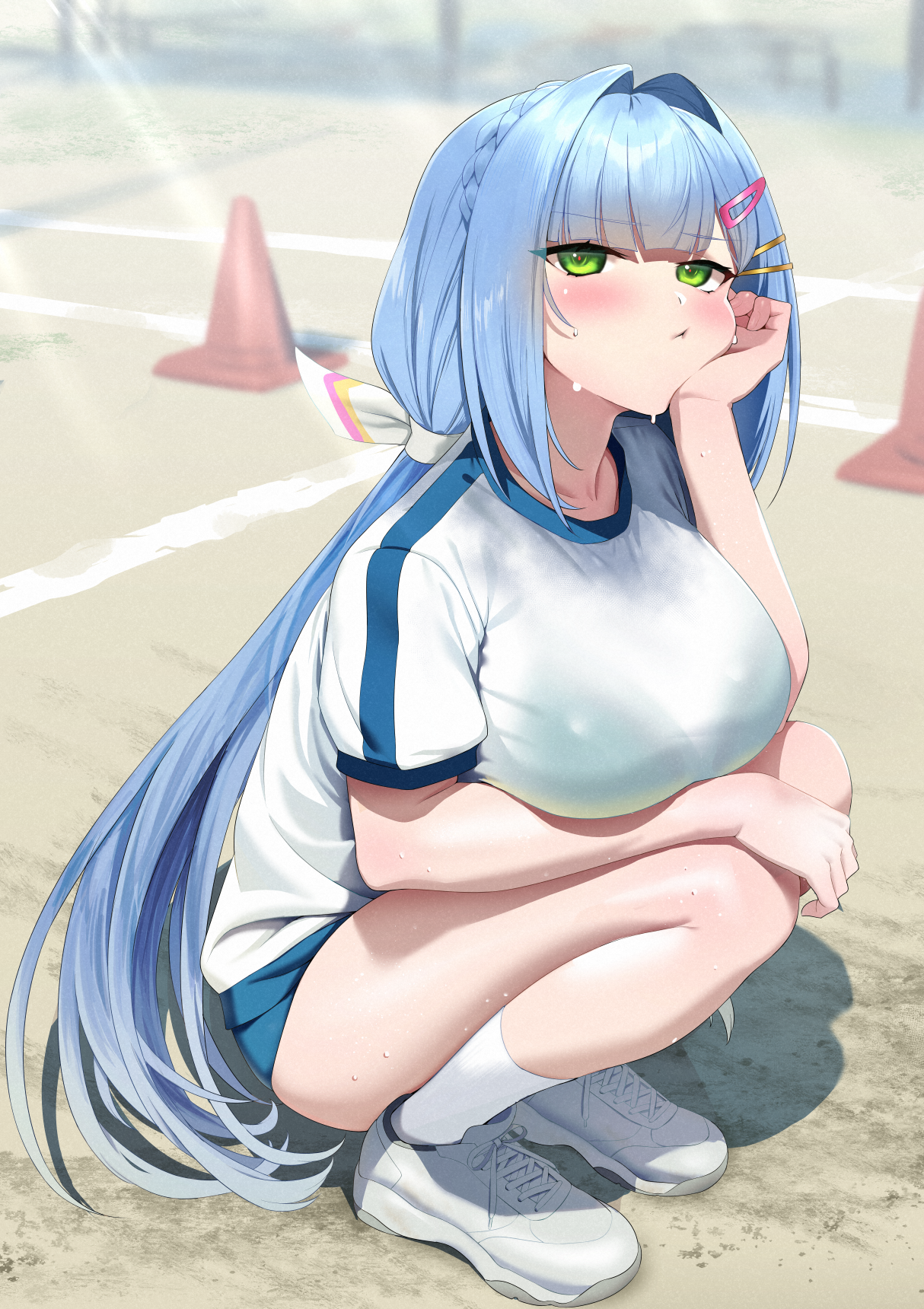 kira kurara, muv-luv, muv-luv girls garden, highres, 1girl, :t, blue buruma, blue hair, bra, bra visible through clothes, braid, breasts, buruma, closed mouth, crown braid, green eyes, gym uniform, hair ornament, hair ribbon, hairclip, hairpin, hand on own chin, harimayuslayer, knees up, large breasts, long hair, low twintails, outdoors, ribbon, shoes, sitting, socks, solo, sweat, sweatdrop, traffic cone, twintails, underwear, white ribbon, white shoes, white socks