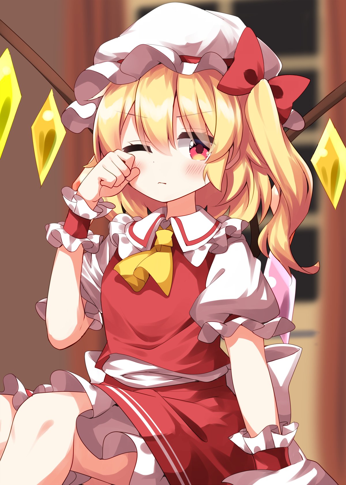 ruu (tksymkw), flandre scarlet, touhou, commentary request, highres, 1girl, ascot, blonde hair, blush, bow, closed mouth, collared shirt, feet out of frame, frilled skirt, frilled sleeves, frilled wrist cuffs, frills, hair bow, hat, long hair, looking at viewer, mob cap, red bow, red eyes, red skirt, shirt, short sleeves, side ponytail, sitting, skirt, skirt set, solo, white hat, white shirt, wrist cuffs, yellow ascot