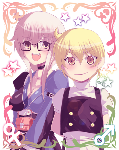 waya, kirisame marisa, morichika rinnosuke, touhou, 1boy, 1girl, blonde hair, fang, genderswap, genderswap (ftm), genderswap (mtf), glasses, no nose, open mouth, short hair, yellow eyes