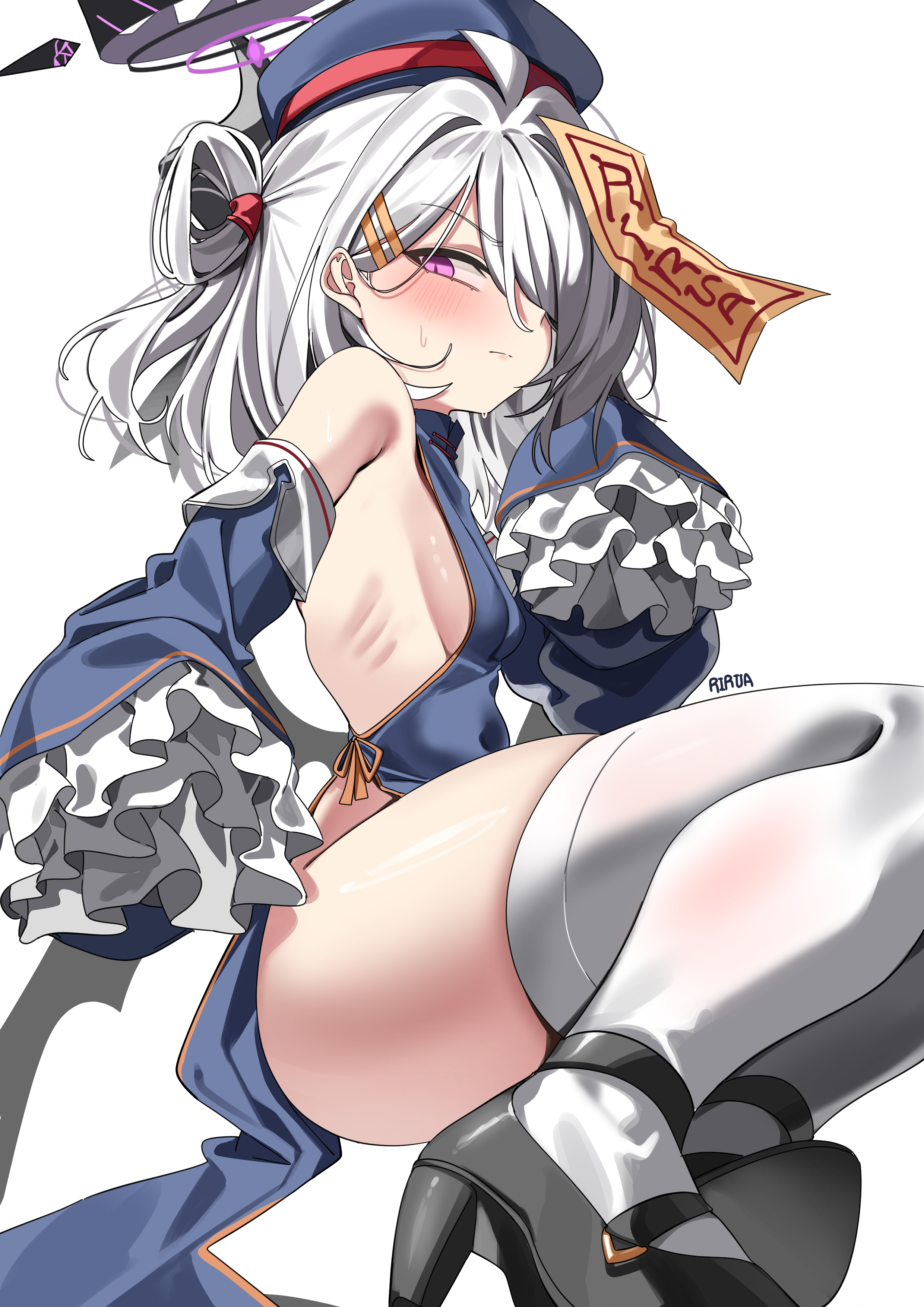 rirua (kjom802), hina (blue archive), blue archive, absurdres, highres, 1girl, alternate costume, alternate hair length, alternate hairstyle, blush, breasts, chinese clothes, detached sleeves, frilled sleeves, frills, full body, halloween, halloween costume, hat, jiangshi, jiangshi costume, looking at viewer, ofuda, ofuda on head, qingdai guanmao, sideboob, sleeves past fingers, sleeves past wrists, small breasts, solo, talisman, thighhighs, white background, white hair, white thighhighs