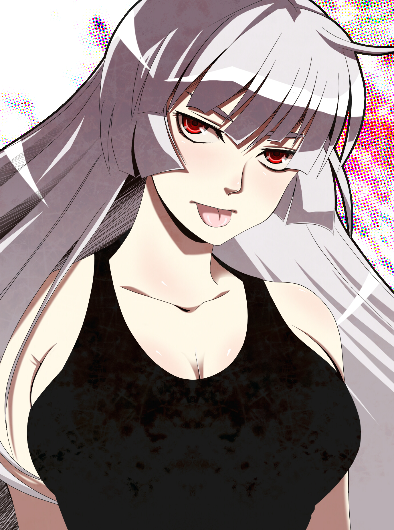 waya, fujiwara no mokou, touhou, silver hair, highres, 1girl, :p, breasts, cleavage, close-up, collarbone, female focus, halftone, halftone background, large breasts, long hair, red eyes, solo, tank top, tongue, tongue out, upper body, white background