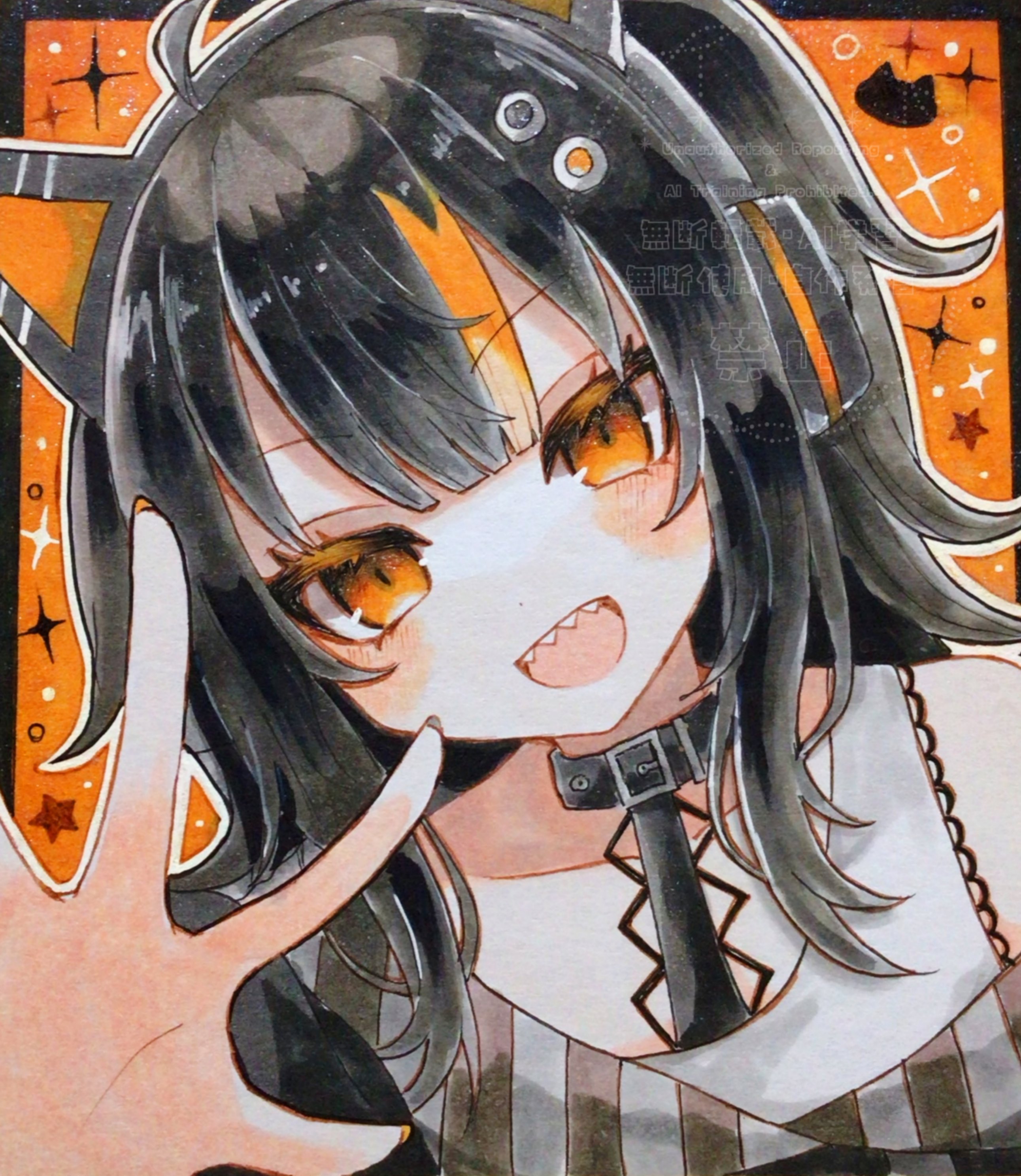 sawatari coco, mahou shoujo no majo saiban, absurdres, commentary request, highres, traditional media, 1girl, :d, ahoge, animal ear headphones, animal ears, black collar, black hair, cat ear headphones, cat ears, collar, fake animal ears, hand up, headphones, long hair, looking at viewer, multicolored hair, open mouth, orange background, orange eyes, outline, poyo (poyo2255), sharp teeth, smile, solo, streaked hair, teeth, upper body, white outline