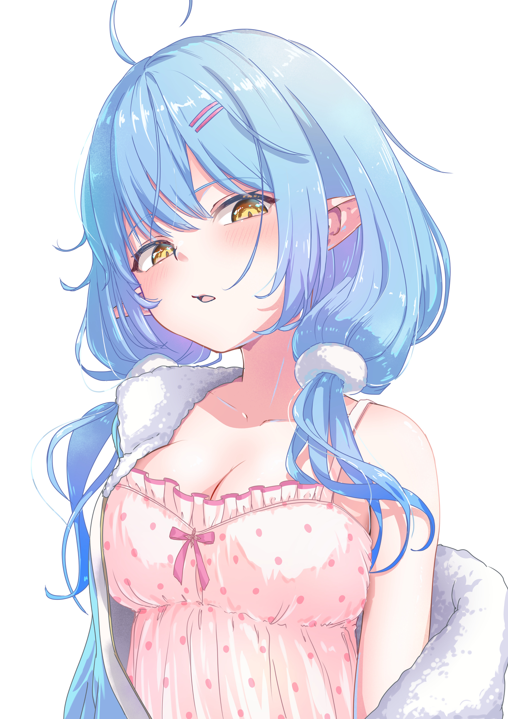 tatataecho, yukihana lamy, yukihana lamy (roomwear), hololive, absurdres, highres, 1girl, ahoge, aqua hair, aqua jacket, blush, breasts, camisole, cleavage, collarbone, double-parted bangs, fur-trimmed jacket, fur trim, hair between eyes, hair ornament, hairclip, jacket, large breasts, long sleeves, looking at viewer, multicolored hair, official alternate costume, open mouth, parallel hairclips, pink camisole, pointy ears, simple background, streaked hair, upper body, virtual youtuber, white background, yellow eyes