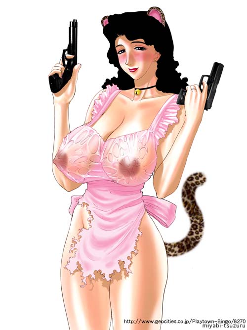 animal ears, bell, breasts, cat ears, cat tail, frills, gun, huge breasts, large breasts, mature female, nipples, tail, weapon
