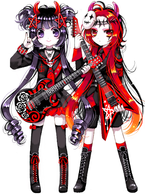 naki ringo, original, spree killer, boots, bow, demon, drill hair, goth fashion, guitar, horns, instrument, kneehighs, long hair, m/, makeup, multicolored eyes, pale skin, ponytail, purple eyes, purple hair, red hair, scar, simple background, socks, star (symbol), thighhighs, trap, twintails, wristband