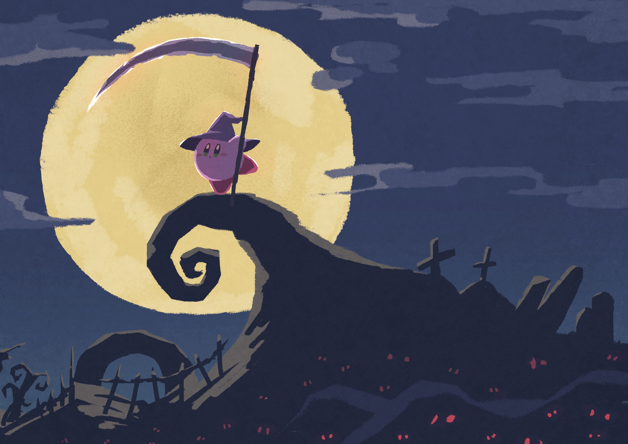 miclot, kirby, kirby (series), nintendo, commentary, english commentary, highres, blue eyes, blush stickers, cloud, full moon, halloween, hat, moon, night, night sky, no humans, outdoors, scythe, sky, witch hat