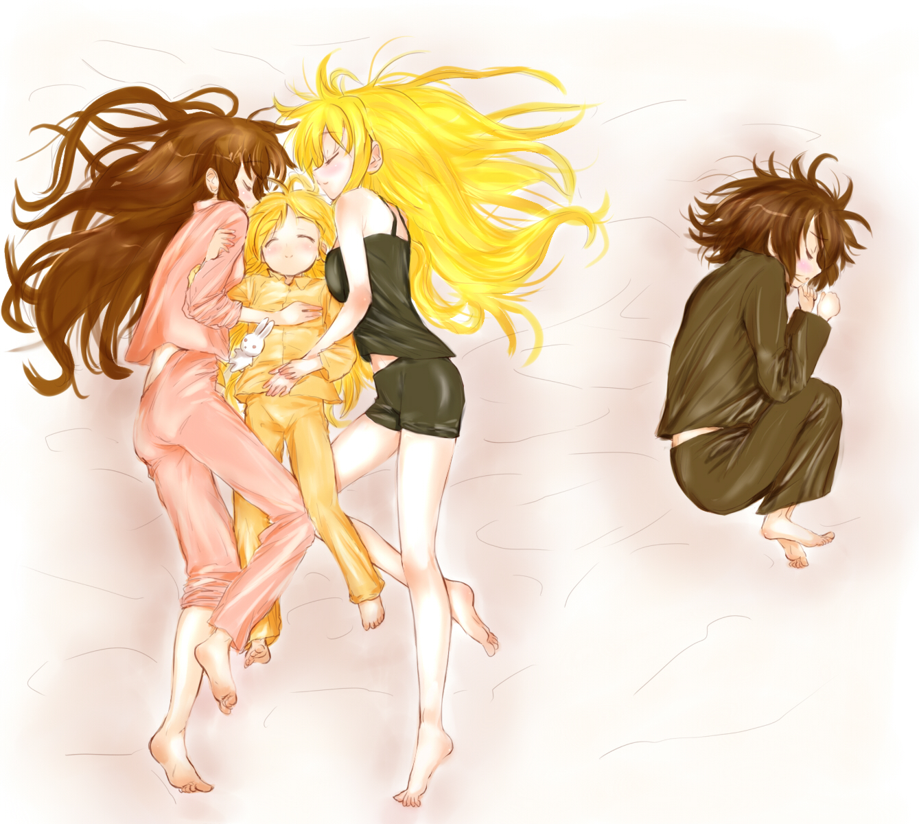 kohinore, fate testarossa, takamachi nanoha, vivio, yagami hayate, lyrical nanoha, mahou shoujo lyrical nanoha, mahou shoujo lyrical nanoha strikers, bad id, bad pixiv id, highres, 00s, 4girls, barefoot, blonde hair, blush, brown hair, closed eyes, cuddling, feet, fetal position, happy, leg between thighs, long hair, multiple girls, pajamas, rabbit, short hair, sleeping, stuffed animal, stuffed rabbit, stuffed toy, yuri