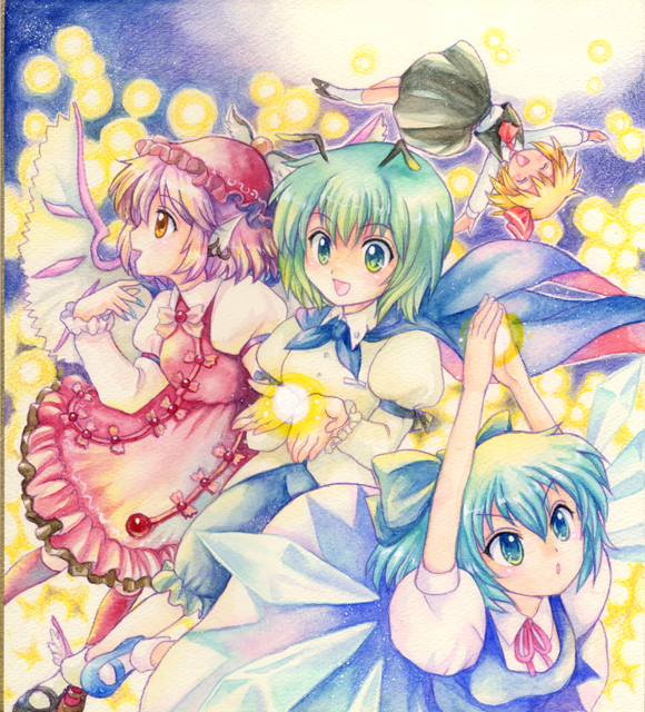 pemoko, cirno, mystia lorelei, rumia, wriggle nightbug, touhou, bad id, bad pixiv id, traditional media, 4girls, animal ears, antennae, blonde hair, blue eyes, blue hair, cape, dress, earrings, female focus, green eyes, green hair, hair ribbon, hat, jewelry, multiple girls, orange eyes, outdoors, outstretched arms, pink hair, red eyes, ribbon, short hair, skirt, sky, spread arms, team 9 (touhou), wings