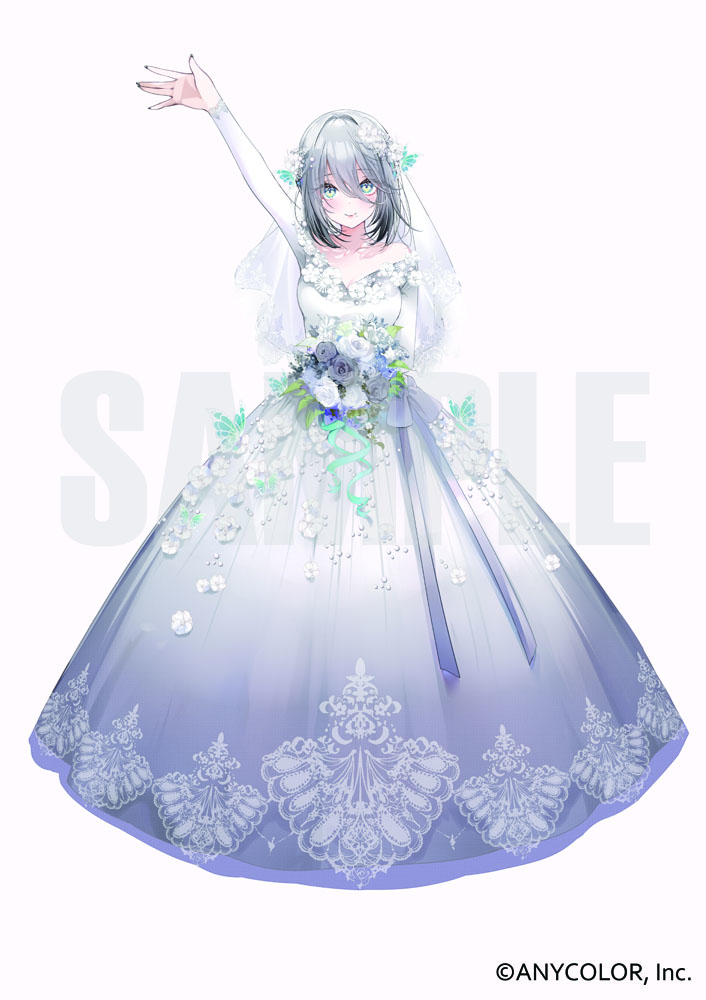 kinokohime, sophia valentine, nijisanji, official art, 1girl, aqua eyes, aqua ribbon, arm up, baby's-breath, bare shoulders, black nails, bouquet, bow, bridal veil, bride, butterfly hair ornament, closed mouth, collarbone, copyright notice, dress, dress flower, flower, flower trim, full body, gown, gradient clothes, gradient dress, grey bow, grey dress, grey flower, grey hair, grey rose, hair between eyes, hair flower, hair intakes, hair ornament, holding, holding bouquet, lace, lace-trimmed dress, lace-trimmed veil, lace trim, long dress, long hair between eyes, long sleeves, looking at viewer, mole, mole under eye, mole under mouth, nail polish, off-shoulder dress, off shoulder, purple flower, ribbon, rose, sample watermark, simple background, smile, solo, standing, straight-on, veil, virtual youtuber, waist bow, watermark, waving, wedding dress, white background, white dress, white flower, white rose, white veil