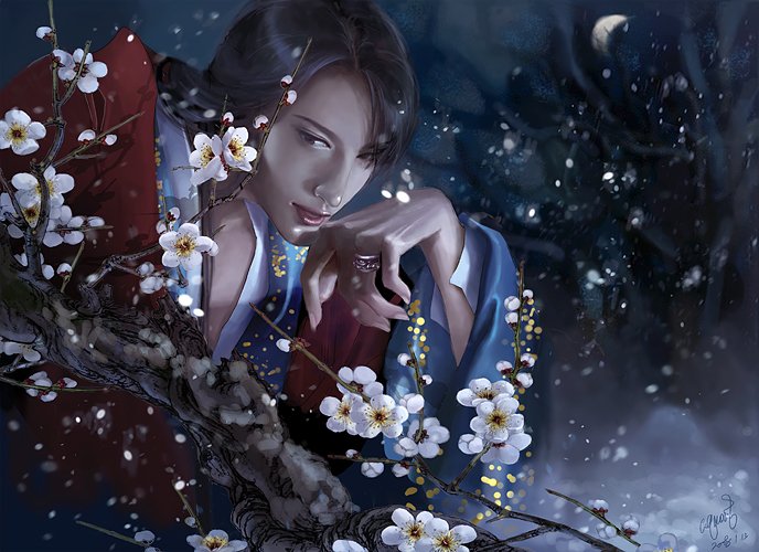 c.quart, original, 1girl, black hair, female focus, japanese clothes, jewelry, kimono, long hair, moon, realistic, ring, signature, snow, solo