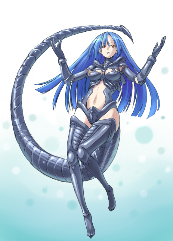 edo tatsuki, xenomorph, alien (1979), alien (series), 1girl, alien, blue hair, costume, female focus, long hair, personification, red eyes, solo, tail, thighhighs