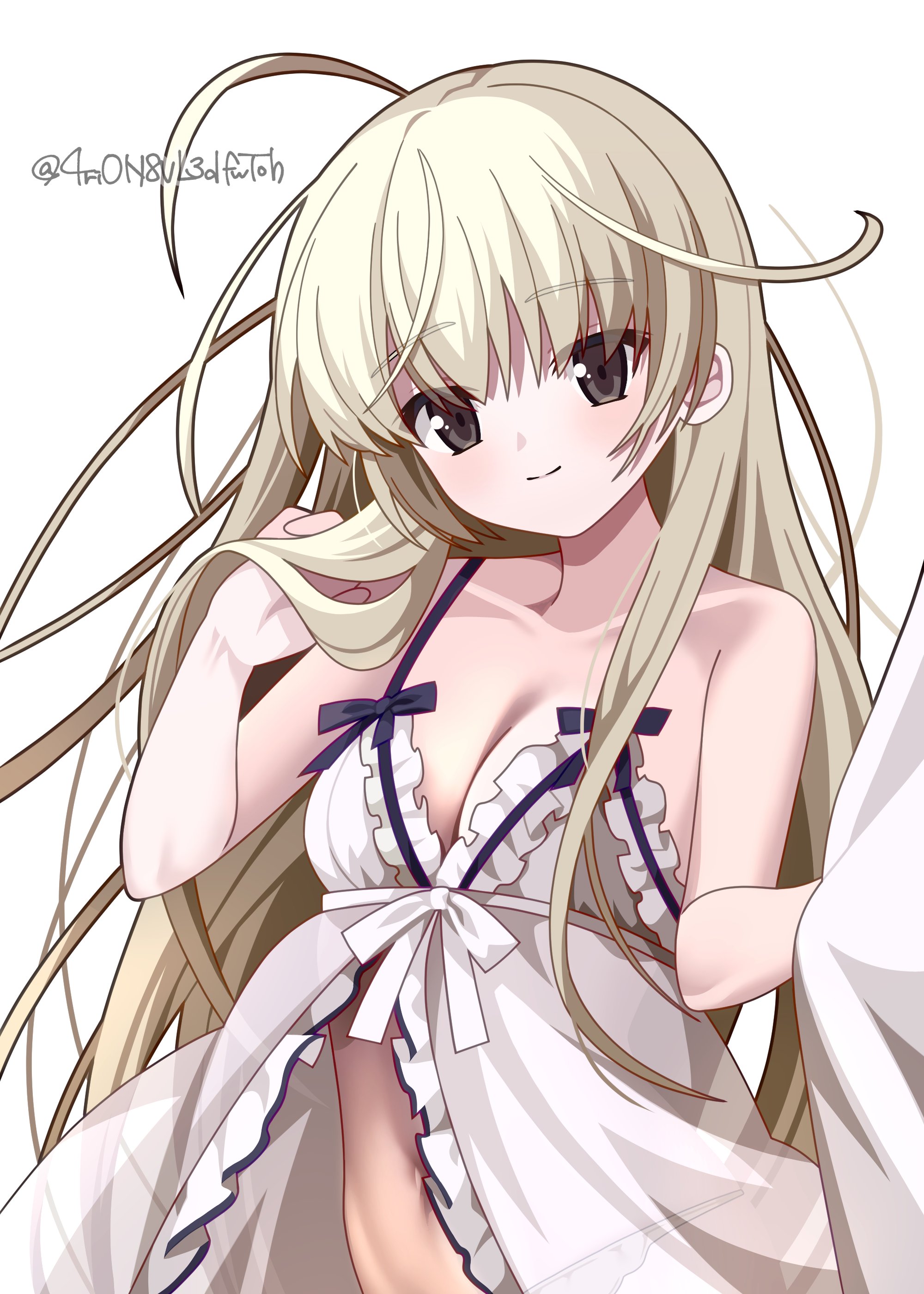 4rion, kasugano sora, yosuga no sora, absurdres, commentary request, highres, 1girl, artist name, babydoll, blonde hair, breasts, brown eyes, cleavage, closed mouth, hand in own hair, long hair, looking at viewer, simple background, small breasts, smile, solo, twitter username, upper body, white babydoll, white background