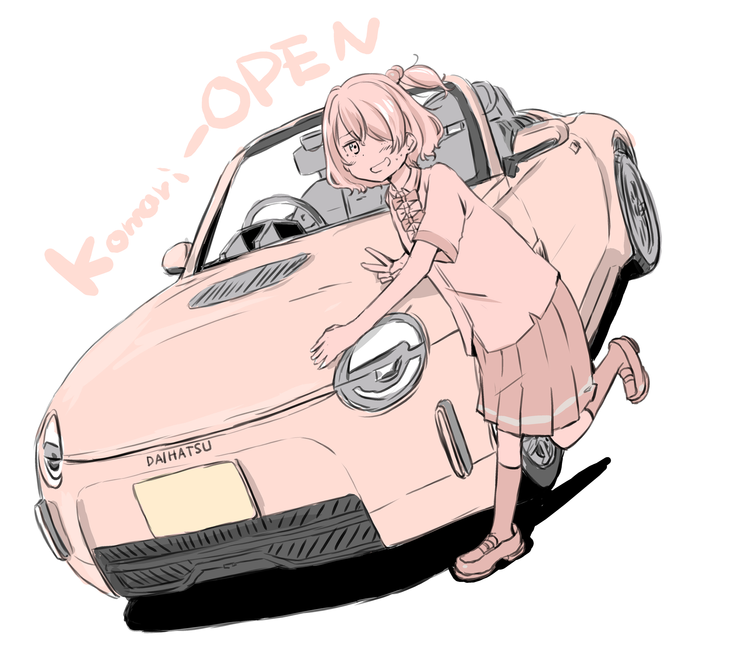 maruyo, komari chika, daihatsu, make heroine ga oo sugiru!, highres, 1girl, bow, bowtie, collared shirt, daihatsu copen, daihatsu k-open, dress shirt, dutch angle, grin, hair over one eye, medium skirt, monochrome, one side up, pleated skirt, red theme, school uniform, shirt, short hair, skirt, smile, socks, solo, summer uniform