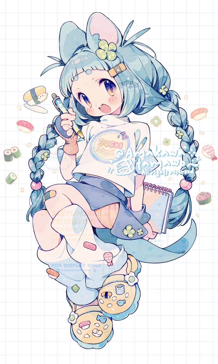 amakawa tamawo, original, commentary, symbol-only commentary, 1girl, :d, animal ears, artist name, bandaid, bandaid on knee, bandaid on leg, blue hair, blue skirt, blush, clothes writing, clover hair ornament, crocs, dot nose, food, four-leaf clover hair ornament, full body, hair ornament, holding, holding notebook, holding pen, long hair, looking at viewer, loose socks, mouse ears, mouse girl, notebook, open mouth, pen, shirt, shoes, short sleeves, skirt, smile, socks, solo, sushi, thick eyebrows, watermark, white background, white shirt, white socks, yellow eyes, yellow shoes