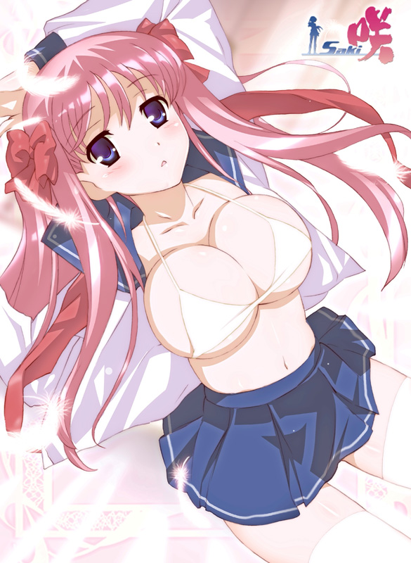 jet yowatari, haramura nodoka, saki (manga), bad id, bad pixiv id, 00s, 1girl, bikini, bikini top only, blue eyes, bow, breasts, feathers, female focus, hair bow, huge breasts, large breasts, long hair, navel, open clothes, open shirt, pink hair, school uniform, serafuku, shirt, skirt, solo, swimsuit, thighhighs, twintails, white bikini, white thighhighs, zettai ryouiki