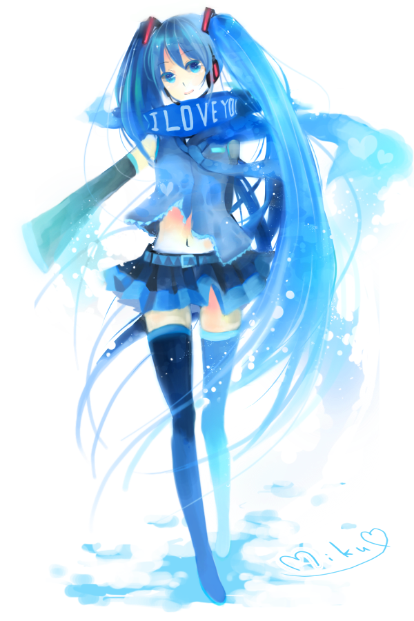 miyake achi, hatsune miku, vocaloid, bad id, bad pixiv id, 1girl, belt, blue eyes, blue hair, detached sleeves, female focus, hair ornament, long hair, matching hair/eyes, miniskirt, navel, necktie, pleated skirt, scarf, simple background, skirt, solo, standing, studded belt, thighhighs, twintails, very long hair, zettai ryouiki