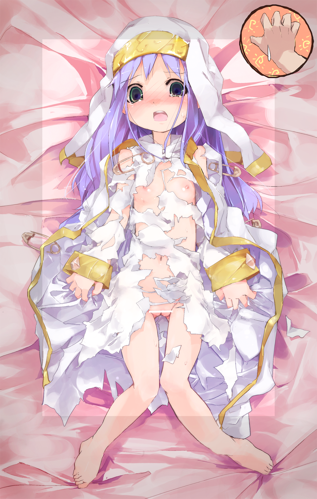 kuroba u, index (toaru majutsu no index), toaru majutsu no index, toaru majutsu no index: old testament, habit, bad id, bad pixiv id, highres, 00s, 1girl, barefoot, bed, blue hair, blush, censored, cleft of venus, feet, female focus, flat chest, green eyes, imminent rape, loli, long hair, nipples, pussy, safety pin, solo, tears, toes, torn clothes