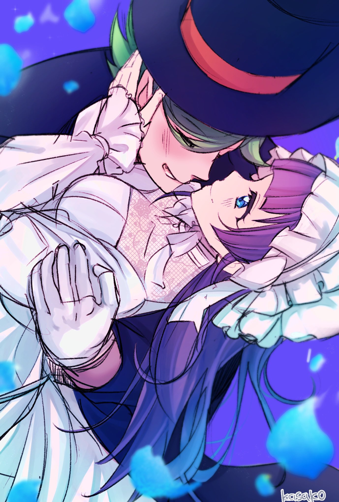 kasakasako, aokaze nana, kimi to idol precure, precure, highres, 1boy, 1girl, blue eyes, blue hair, blue petals, blunt bangs, blurry, blush, closed eyes, couple, cross-laced clothes, cross-laced dress, dancing, depth of field, dress, eyelashes, falling petals, frilled dress, frills, gloves, green eyes, green hair, hairband, half gloves, halloween, halloween costume, hand on another's ear, hand on another's shoulder, hat, knight, lace trim, lolita fashion, lolita hairband, long hair, long sleeves, mature male, motion blur, parted bangs, petals, profile, purple background, see-through cleavage, see-through clothes, short hair, sideways, smile, twitter username, upper body, white dress, white gloves, zakkuri (precure)