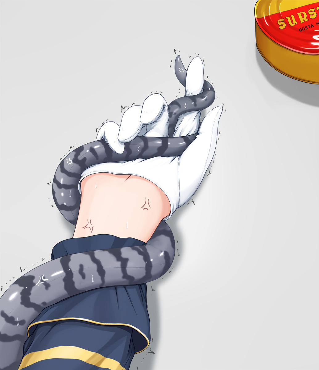 yakuto007, gotland (kancolle), kantai collection, commentary request, highres, 1girl, anger vein, blue sleeves, can, gloves, hand focus, single glove, surstromming, tentacles, white gloves