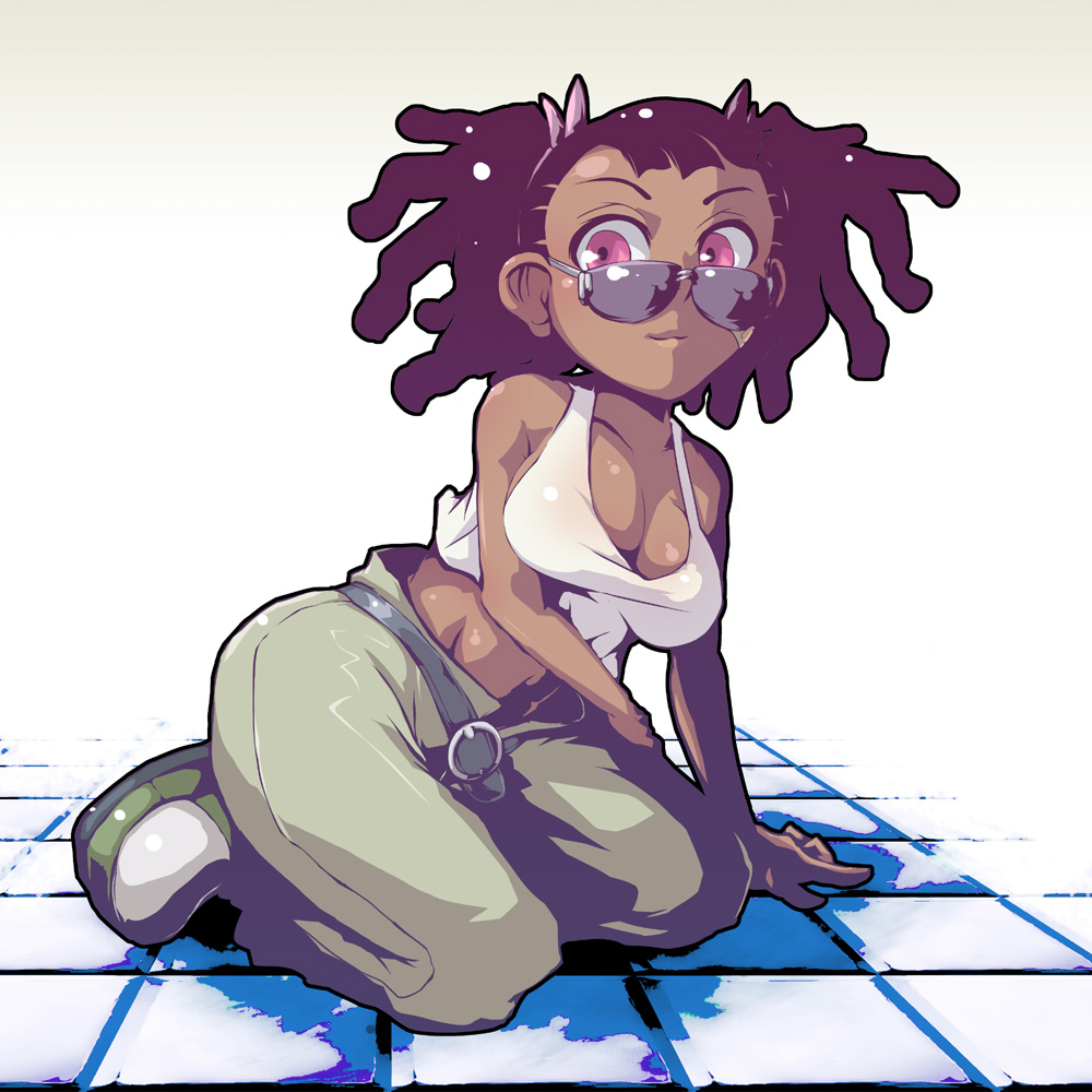 drias, ayukawa miyuki, basquash!, 00s, 1girl, bandaid, bandaid on face, black hair, breasts, dark-skinned female, dark skin, dreadlocks, female focus, large breasts, pink eyes, sitting, solo, sunglasses, tank top, twintails, very dark skin