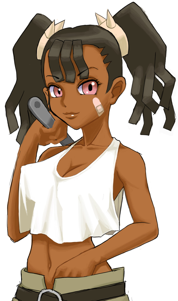 mittu02, ayukawa miyuki, basquash!, highres, 00s, 1girl, areola slip, bandaid, bandaid on face, bare shoulders, black hair, crop top, dark-skinned female, dark skin, dreadlocks, female focus, loose clothes, nipples, solo, twintails, very dark skin