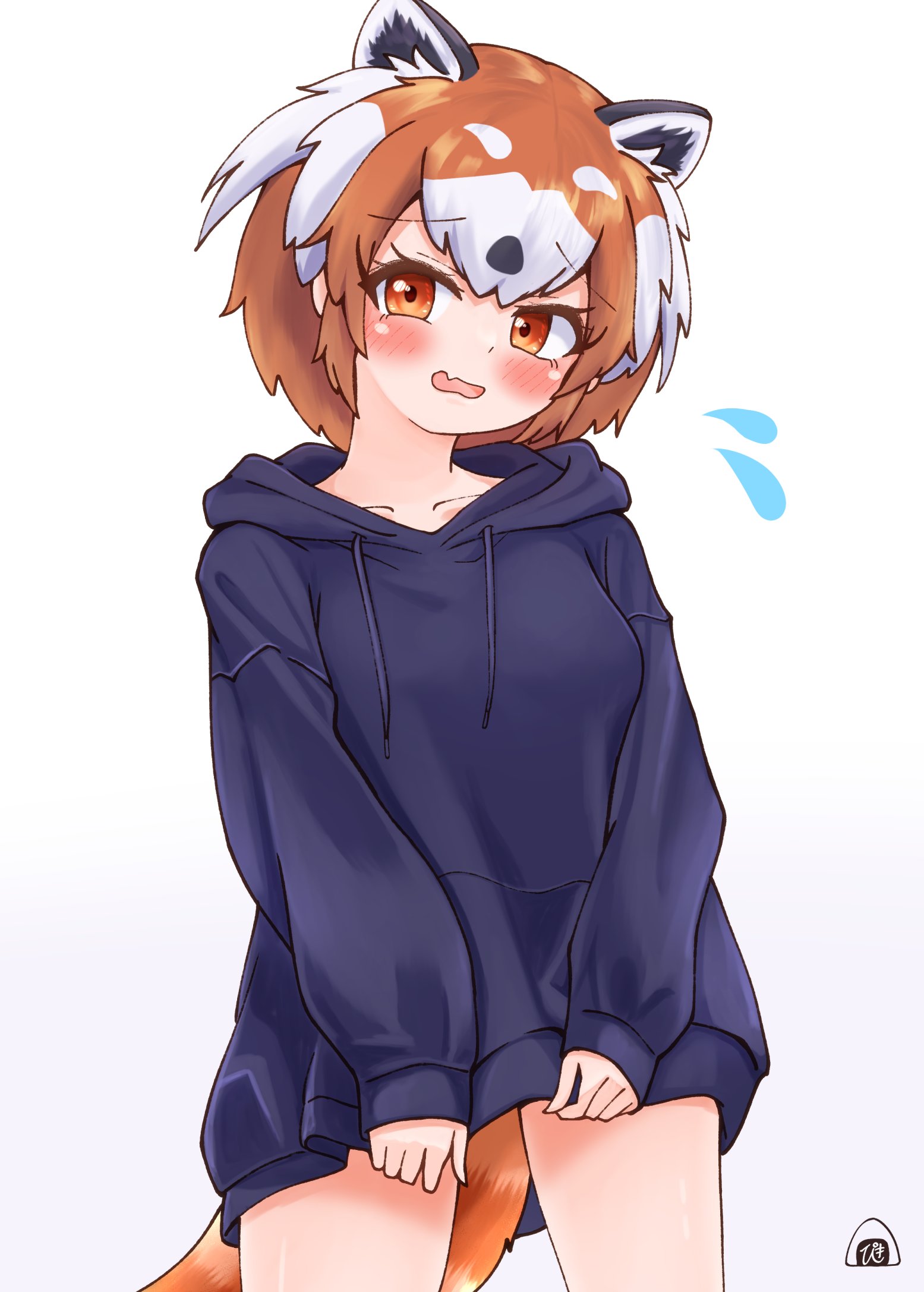 piki (zuru-pikio), red panda (kemono friends), kemono friends, highres, 1girl, alternate costume, black hair, blue hoodie, blue sweater, blush, casual, collarbone, cowboy shot, dress, extra ears, fang, flying sweatdrops, hair between eyes, hood, hood down, hoodie, long sleeves, multicolored hair, orange eyes, orange hair, red panda ears, red panda girl, red panda tail, short hair, sidelocks, solo, sweater, sweater dress, wavy mouth, white hair