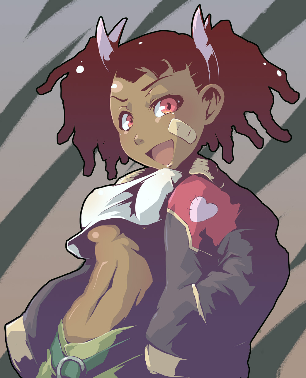 drias, ayukawa miyuki, basquash!, highres, 00s, 1girl, bandaid, bandaid on face, belt, black hair, breasts, brown hair, dark-skinned female, dark skin, dreadlocks, female focus, hair ribbon, jacket, medium breasts, midriff, navel, no bra, open mouth, oversized clothes, purple eyes, red eyes, ribbon, solo, tank top, twintails, underboob, very dark skin