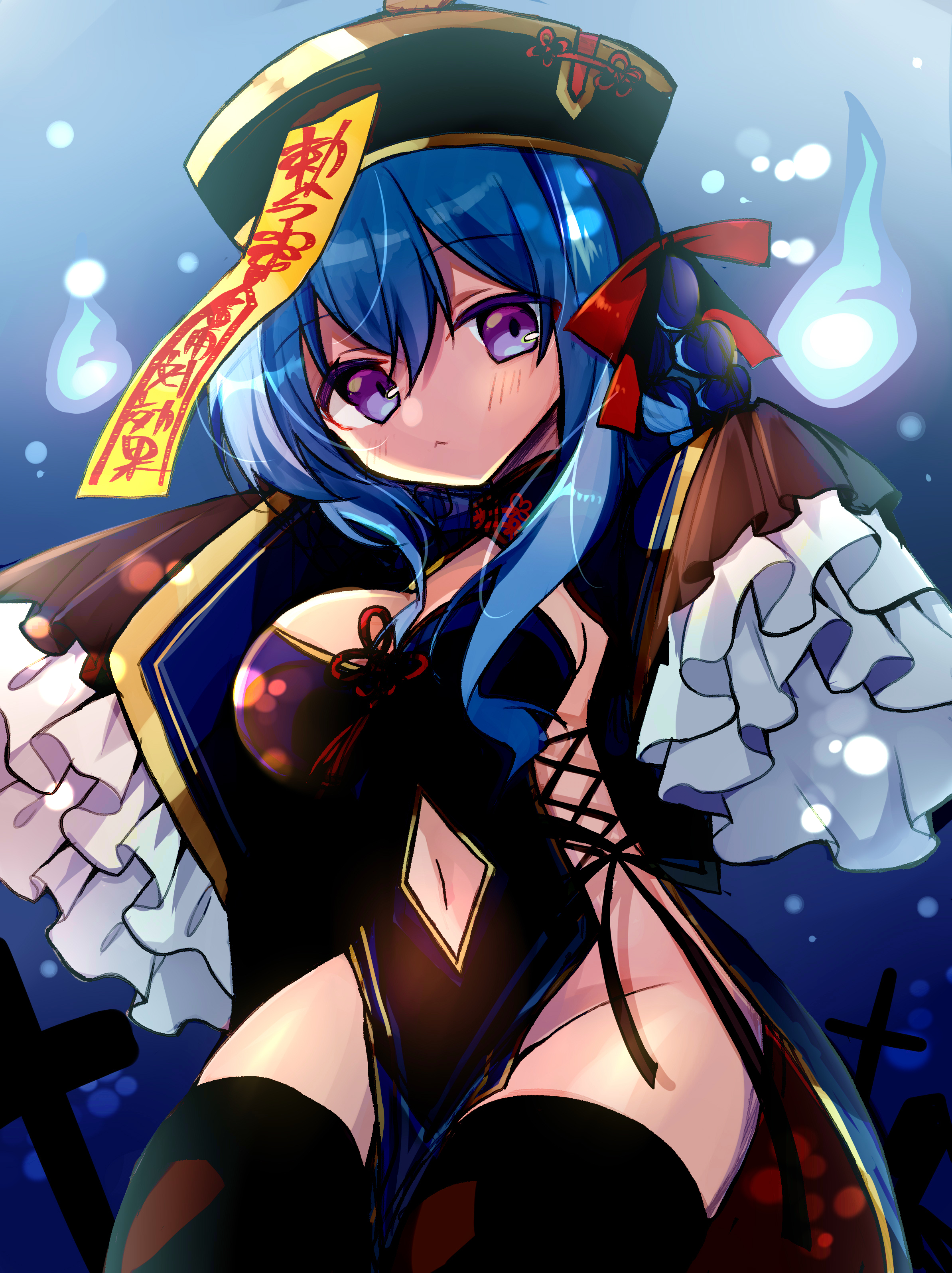 mameguri, evi leenhardt, muv-luv, muv-luv girls garden, absurdres, highres, 1girl, black thighhighs, blue hair, bow, braid, braided hair rings, breasts, chinese clothes, closed mouth, clothing cutout, hair bow, hair rings, hat, hitodama, jiangshi, jiangshi costume, large breasts, looking at viewer, navel, navel cutout, ofuda, outstretched arms, purple eyes, qingdai guanmao, red bow, sleeves past wrists, solo, thighhighs, zombie pose