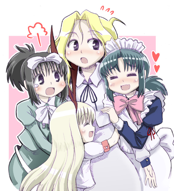 brother tomita, amae koromo, kunihiro hajime, ryuumonbuchi touka, sugino ayumu, suzuno ayumu, saki (manga), bad id, bad pixiv id, 00s, black eyes, black hair, blonde hair, blush, bow, closed eyes, green hair, hair bow, hairband, heart, hug, long hair, maid, ponytail, school uniform, tears
