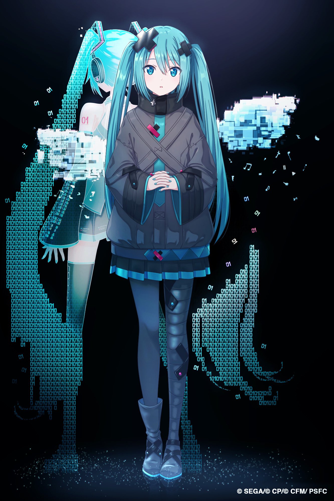 itogari, batsu miku, hatsune miku, vocaloid, commentary request, highres, 2girls, aqua eyes, aqua hair, aqua nails, aqua trim, arm tattoo, bandaid, bandaid on leg, binary, black background, black skirt, blush, full body, hair between eyes, hair ornament, headset, jacket, long hair, long sleeves, looking at viewer, multiple girls, musical note, number tattoo, nurimas, open mouth, own hands together, pantyhose, pleated skirt, shirt, skirt, sleeveless, sleeveless shirt, sleeves past wrists, tattoo, turtleneck, turtleneck jacket, twintails, very long hair, white shirt, x hair ornament