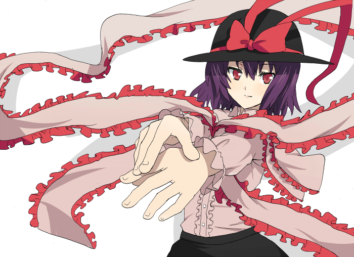 hyakuen raitaa, nagae iku, touhou, bad id, bad pixiv id, 1girl, female focus, hat, purple hair, red eyes, ribbon, scarf, short hair, solo, standing, white background