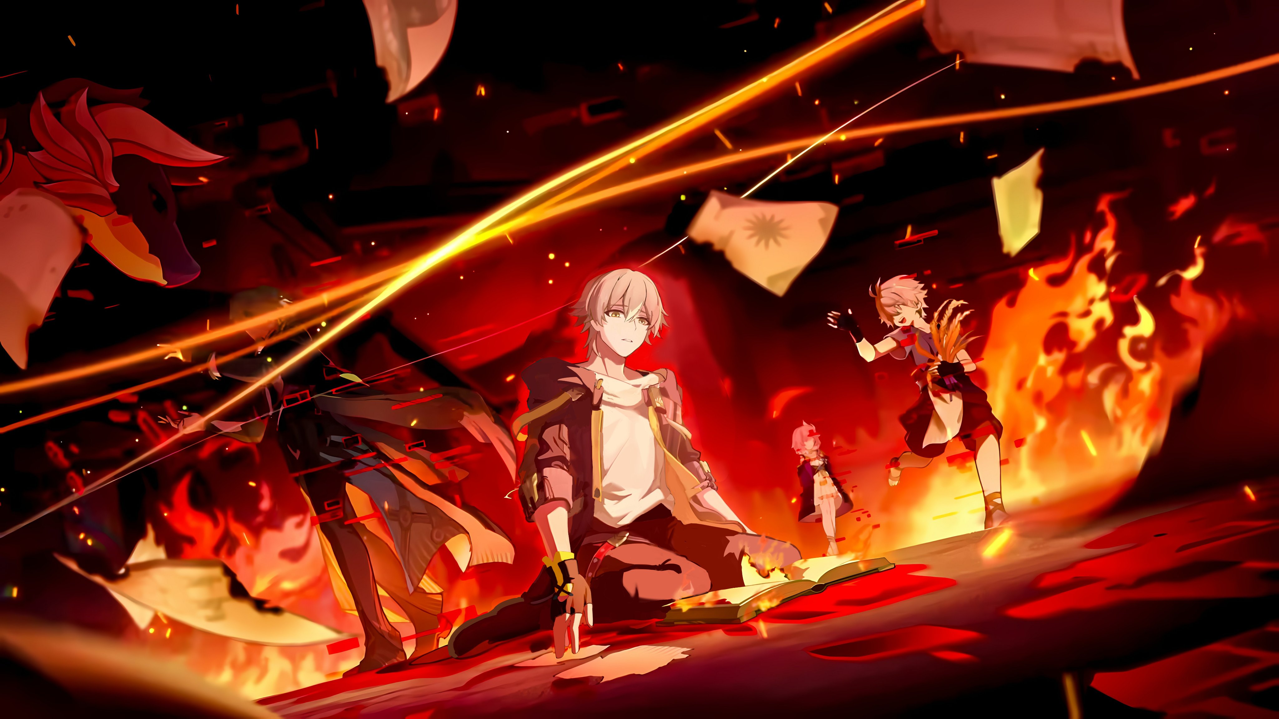 anaxa (honkai: star rail), caelus (honkai: star rail), cyrene (aedes elysiae) (honkai: star rail), cyrene (honkai: star rail), phainon (a dream scented in wheat) (honkai: star rail), phainon (honkai: star rail), trailblazer (honkai: star rail), honkai: star rail, honkai (series), absurdres, highres, 1girl, 3boys, aged down, ancient greek clothes, animal, antenna hair, arms behind back, black boots, black coat, black gloves, black jacket, black pants, black sandals, black shorts, blue cape, blue shirt, book, boots, bridal gauntlets, burning, cape, chile, coat, dress, eyepatch, faceless, faceless female, fingerless gloves, fire, floating clothes, glitch, gloves, greco-roman clothes, green hair, grey hair, hair between eyes, hair ribbon, hand up, himation, holding, hood, hooded coat, horns, jacket, lapels, long sleeves, looking at another, looking at object, looking down, multicolored hair, multiple boys, no eyes, official alternate costume, open book, open clothes, open coat, open jacket, open mouth, pants, paper, pink hair, purple jacket, ribbon, sandals, shirt, short hair, short sleeves, shorts, sitting, smile, standing, standing on one leg, streaked hair, sun symbol, t-shirt, tassel, teeth, two-sided coat, two-sided fabric, weeds, white dress, white hair, white ribbon, white shirt, wide sleeves, yellow coat, yellow eyes, zh29eng