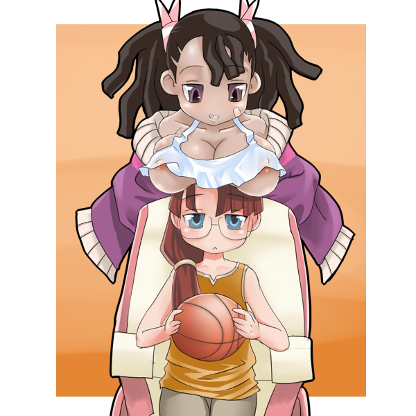 ayukawa miyuki, coco jd, basquash!, 00s, 2girls, ball, bandaid, bandaid on face, basketball, black hair, blue eyes, breast rest, breasts, breasts on head, covered erect nipples, dark-skinned female, dark skin, glasses, large breasts, multiple girls, nipples, twintails, underboob, very dark skin