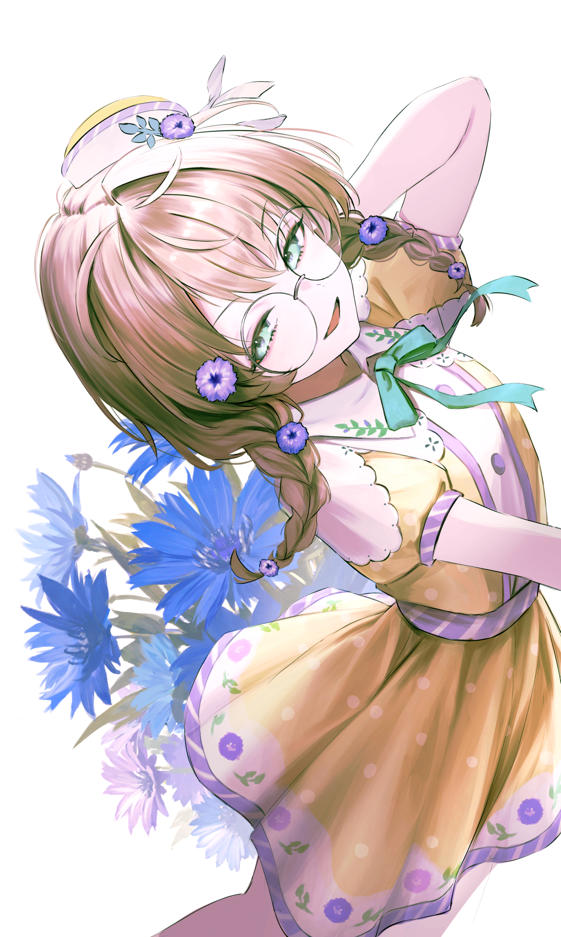 seikatsu, yaguruma rine, nijisanji, hashtag-only commentary, highres, 1girl, arched back, blue flower, braid, brown hair, collared dress, cornflower, dress, feet out of frame, floral background, floral print, floral print dress, flower, from above, from side, glasses, green eyes, green ribbon, grey-framed eyewear, hair flower, hair ornament, half-closed eyes, hand in own hair, hat, long hair, looking at viewer, low twin braids, mini hat, neck ribbon, parted lips, polka dot, polka dot dress, print dress, puffy short sleeves, puffy sleeves, purple flower, ribbon, round eyewear, short sleeves, single hair intake, solo, standing, tilted headwear, twin braids, virtual youtuber, white background, yellow dress