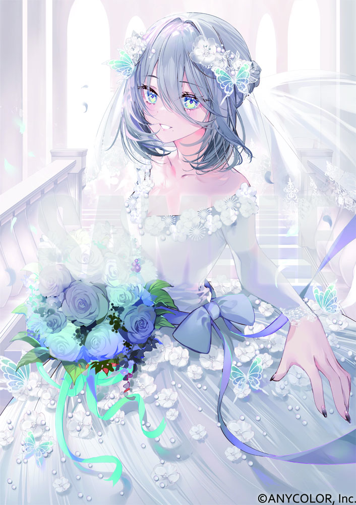 kinokohime, sophia valentine, nijisanji, official art, 1girl, aqua eyes, aqua ribbon, arcade (architecture), arch, baby's-breath, bare shoulders, black nails, blue flower, blue rose, bouquet, bow, braid, bridal veil, bride, butterfly hair ornament, closed mouth, collarbone, copyright notice, cowboy shot, dress, dress flower, flower, flower trim, gown, gradient clothes, gradient dress, grey bow, grey dress, grey flower, grey hair, grey rose, grin, hair between eyes, hair flower, hair intakes, hair ornament, half up braid, holding, holding bouquet, lace, lace-trimmed veil, lace trim, long dress, long hair between eyes, long sleeves, looking at viewer, mole, mole under eye, mole under mouth, nail polish, off-shoulder dress, off shoulder, offering hand, purple flower, ribbon, rose, sample watermark, sideways glance, smile, solo, stairs, standing, veil, virtual youtuber, waist bow, watermark, wedding dress, white dress, white flower, white rose, white veil