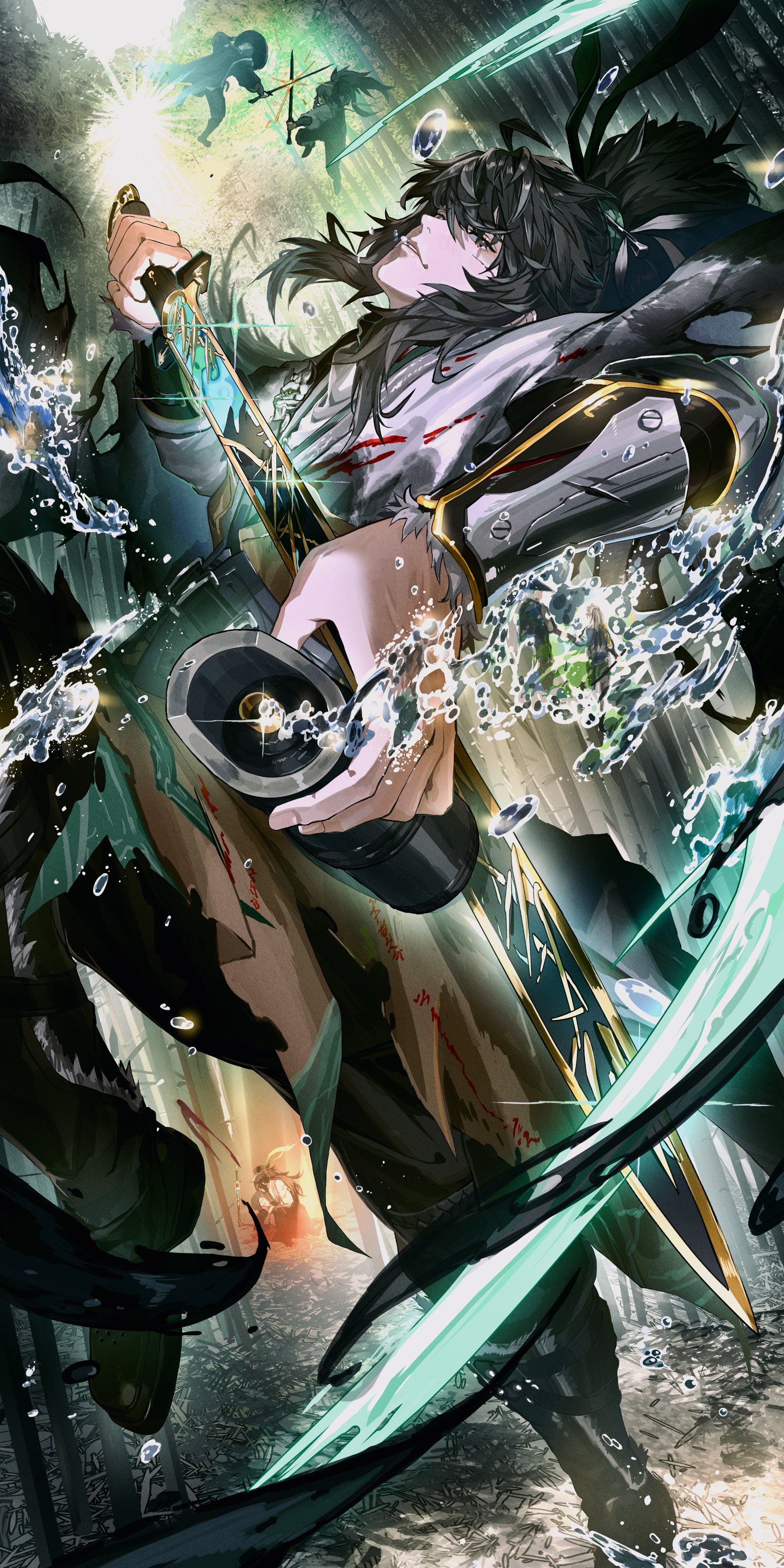 ossan zabi 190, qiuyuan (wuthering waves), wuthering waves, absurdres, commentary request, highres, partial commentary, 1boy, arm armor, black hair, black pants, cloak, grey eyes, holding, holding sword, holding weapon, long hair, looking at viewer, male focus, multiple views, pants, parted lips, ponytail, solo, sword, weapon, white cloak