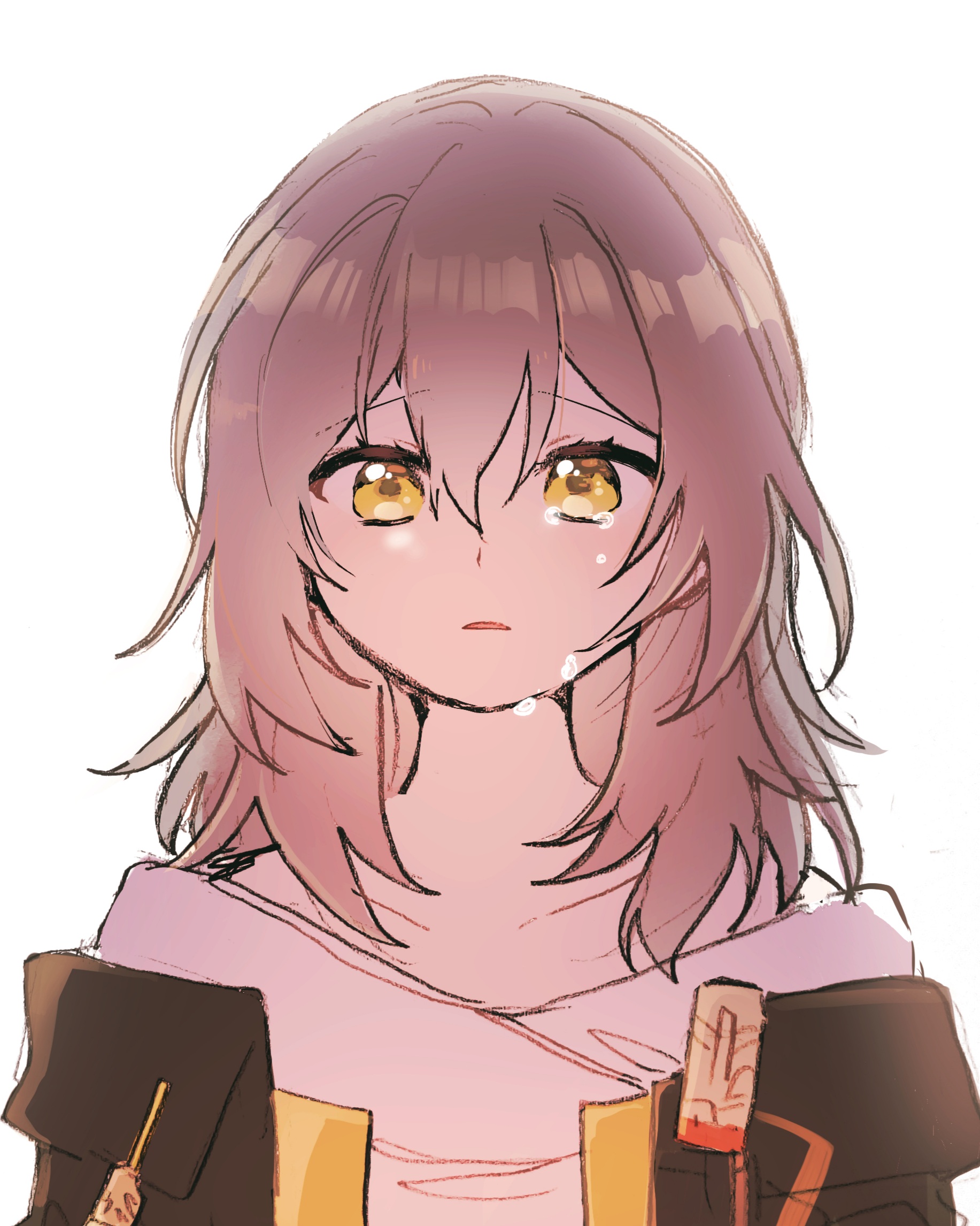 5rwpvc, stelle (honkai: star rail), trailblazer (honkai: star rail), honkai: star rail, honkai (series), highres, 1girl, black jacket, collarbone, crying, crying with eyes open, grey hair, hair between eyes, jacket, lapels, long hair, looking at viewer, open clothes, open jacket, open mouth, sad, shirt, sidelocks, simple background, solo, t-shirt, tears, upper body, white background, white shirt, yellow eyes