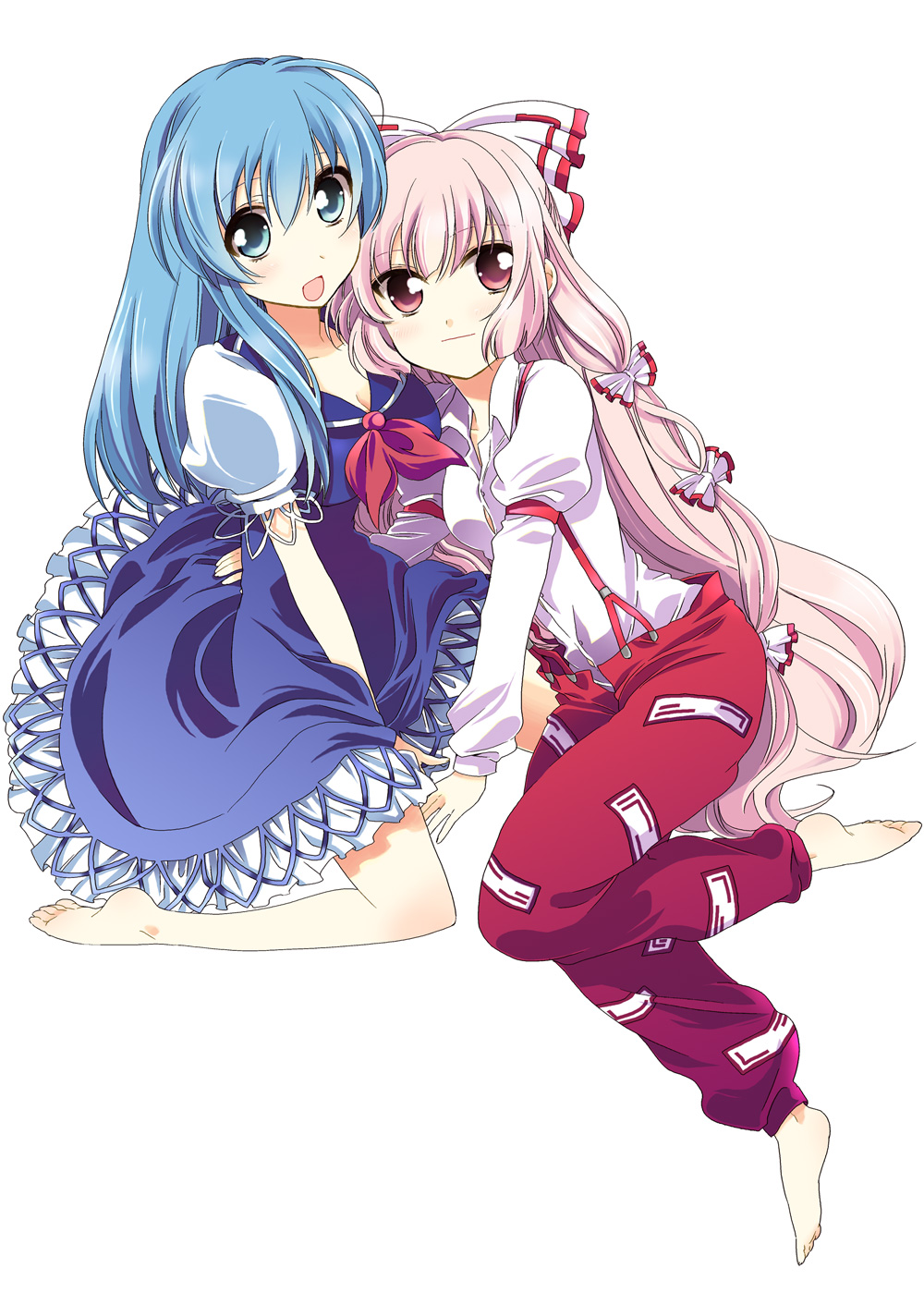 nakayama miyuki, fujiwara no mokou, kamishirasawa keine, touhou, bad id, bad pixiv id, highres, 2girls, barefoot, blue eyes, blue hair, breasts, cleavage, dress, feet, female focus, looking at viewer, multiple girls, no headwear, open mouth, pants, pink eyes, pink hair, simple background, sitting, smile, suspenders, wariza