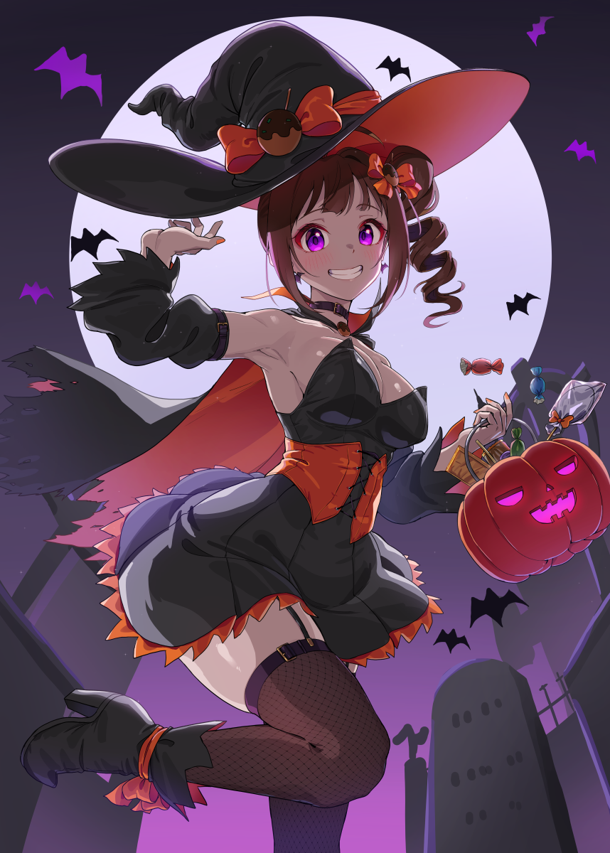 kamille (vcx68), yokoyama nao, idolmaster, idolmaster million live!, idolmaster million live! theater days, highres, 1girl, armpits, bare shoulders, black choker, black dress, black thighhighs, boots, breasts, brown hair, choker, clenched teeth, corset, detached sleeves, dress, frilled dress, frills, full moon, halloween, hat, high heel boots, high heels, large breasts, long hair, looking at viewer, moon, open mouth, orange corset, purple eyes, side ponytail, skindentation, solo, standing, standing on one leg, teeth, thighhighs, tombstone, witch hat, zettai ryouiki