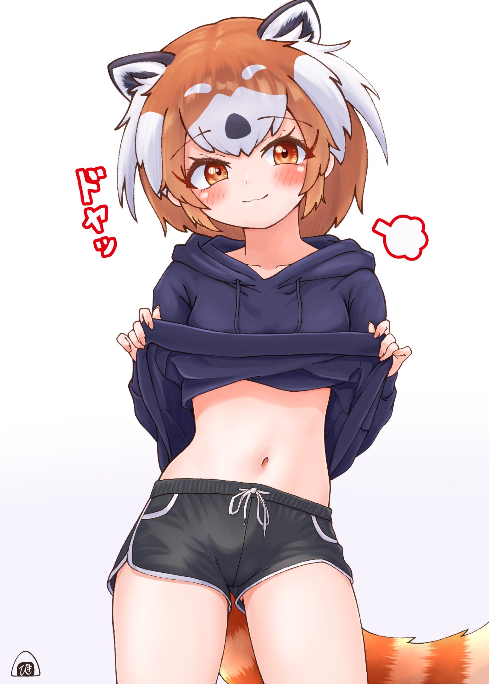 piki (zuru-pikio), red panda (kemono friends), kemono friends, highres, 1girl, :3, black hair, black shorts, blue hoodie, blue sweater, blush, clothes lift, collarbone, cowboy shot, dolphin shorts, extra ears, hair between eyes, hood, hood down, hoodie, midriff, multicolored hair, nail polish, navel, orange eyes, orange hair, pink nails, puff of air, red panda ears, red panda girl, red panda tail, short shorts, shorts, sidelocks, smile, solo, sweater, sweater lift, white hair, white trim