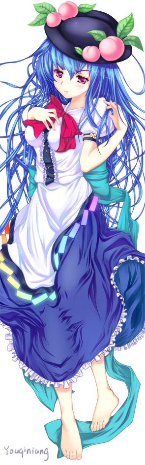 paint musume, hinanawi tenshi, touhou, bad id, bad pixiv id, long image, tall image, 1girl, barefoot, blue hair, dakimakura (medium), feet, female focus, food, fruit, full body, hat, long hair, peach, red eyes, solo