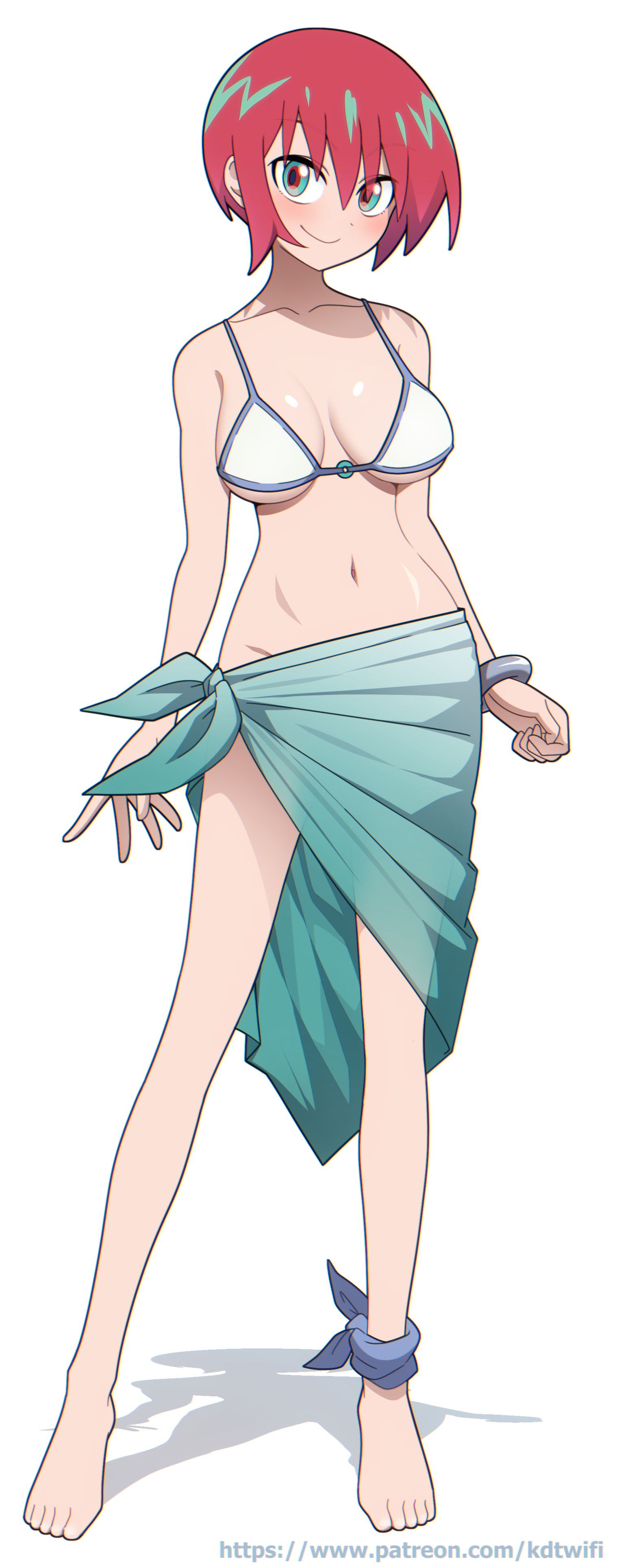 kdtwifi, amate yuzuriha, gundam, gundam gquuuuuux, absurdres, bad id, bad patreon id, highres, paid reward available, 1girl, alternate costume, aqua eyes, barefoot, breasts, closed mouth, full body, looking at viewer, navel, red hair, shiny skin, short hair, simple background, smile, solo, standing, swimsuit, toes, white background