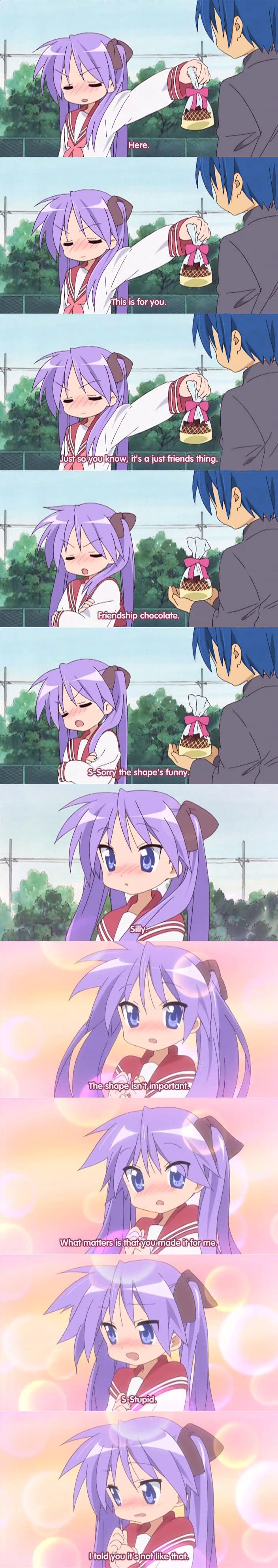 hiiragi kagami, izumi konata, lucky star, absurdres, highres, jpeg artifacts, long image, tall image, third-party edit, 00s, 1boy, 1girl, blue hair, blush, chocolate, gakuran, genderswap, genderswap (ftm), long hair, purple eyes, purple hair, ribbon, school uniform, short hair, tsundere, tsurime, twintails, valentine